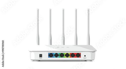 Rear panel of a professional white network router displays vibrant multi colored ethernet ports and a power input socket in a bright clinical setting.