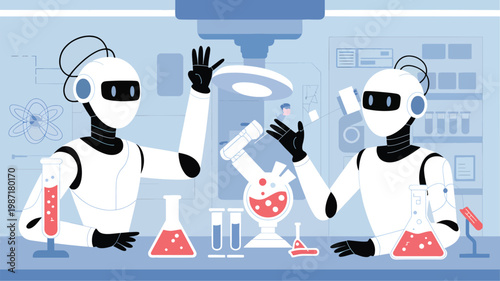 Two white robots in a laboratory are conducting scientific experiments with red liquid in glass beakers