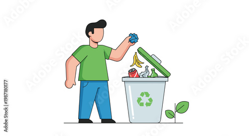 Casual man in a green shirt disposes of crumpled paper waste into a white recycling bin featuring a prominent green lid within a bright open space.