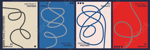 Collection of abstract poster templates with colorful backgrounds and swirling line designs for creative projects and presentations