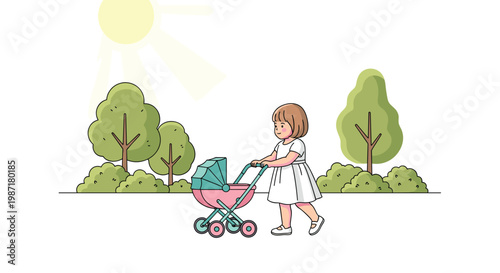 Young girl wearing a simple white dress pushes a vintage pink baby carriage through a stylized park landscape under a bright yellow sun illustration.