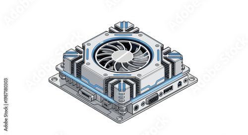 Advanced computer cooling component with a central high-speed fan and metallic heat sinks featuring integrated blue glowing light strips on a circuit board.