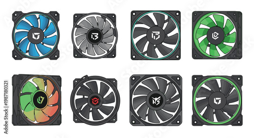 Collection of eight diverse computer cooling fans showcasing various blade colors and vibrant multi-colored RGB lighting effects for custom gaming builds.