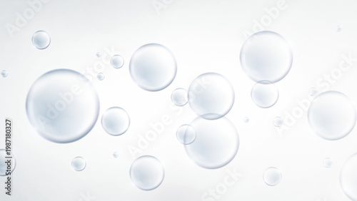 Transparent bubbles floating on soft light background abstract design. Abstract composition of transparent floating bubbles on a soft light gradient background