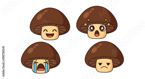 Set of four cartoon mushroom head emojis show different moods including happy, crying, and angry expressions.