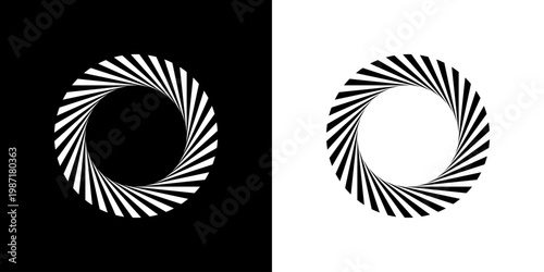 Black and white radial spiral resembling a camera shutter aperture with geometric symmetry forming a circular abstract design element
