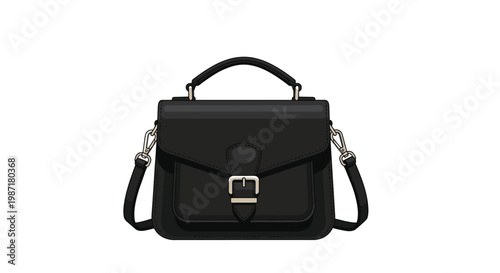 Sleek black leather handbag featuring a prominent front buckle closure with a top handle and detachable side shoulder straps against a clean white backdrop.
