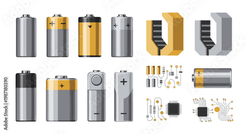 Collection of various cylindrical batteries and small electronic circuit board components arranged neatly on a plain white surface for technical projects.