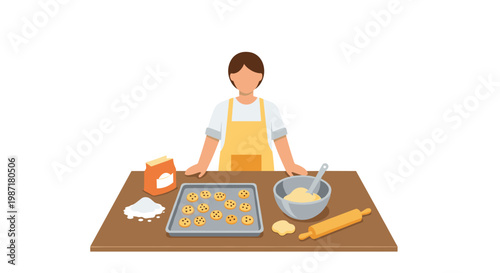 A professional baker wearing a yellow apron stands behind a wooden table featuring freshly baked cookies and a mixing bowl in a bright home kitchen.