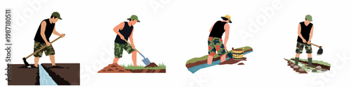 Set of four illustrations showing men engaged in manual labor tasks such as digging trenches, using shovels and hoes for irrigation or construction.