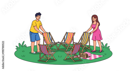 A man in a yellow shirt and a woman in a pink dress are setting up a circle of colorful striped folding chairs on a green lawn for a summer picnic.