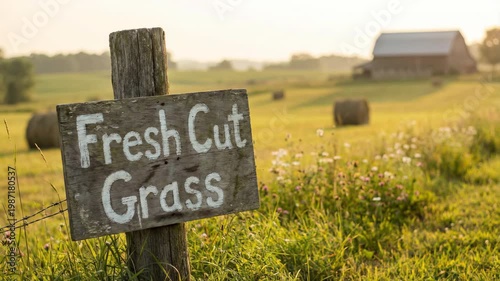 Fresh Cut Grass Sign on Rural Farm Field with Hay Bales and Barn.