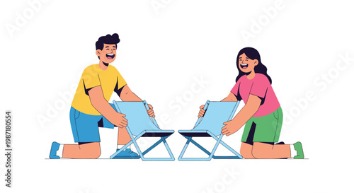 A happy man in a yellow shirt and a woman in a pink shirt are laughing while kneeling on the floor to assemble small blue folding chairs together now.