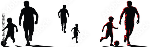 set of silhouettes of a father and children playing soccer, Father's Day concept