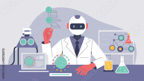 Robot scientist in a lab coat holding a digital molecule model with flasks and a laptop on a desk