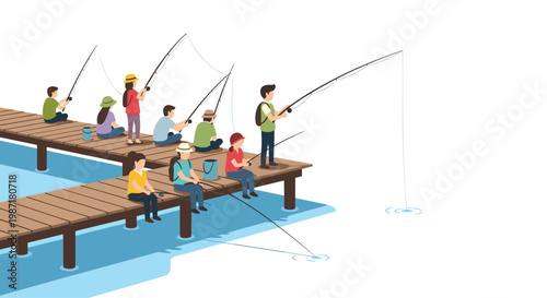 A diverse group of people stands along a long wooden pier extending over calm blue water while casting their fishing rods into the depths on a bright day.