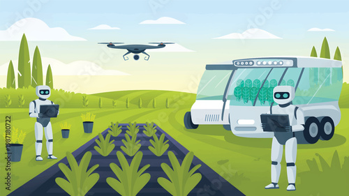 Two white robots are monitoring crops with a drone and an automated greenhouse vehicle in a green field