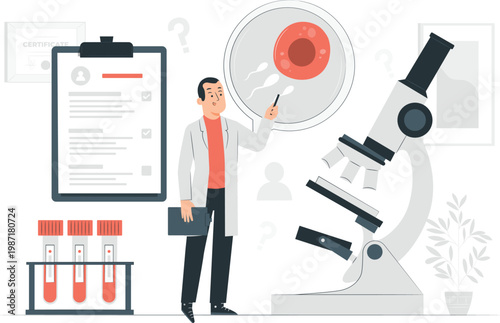 Scientist analyzing fertilization process with microscope in laboratory
