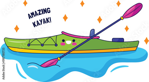 Cute cartoon kayak character with a paddle floating on water, vector illustration