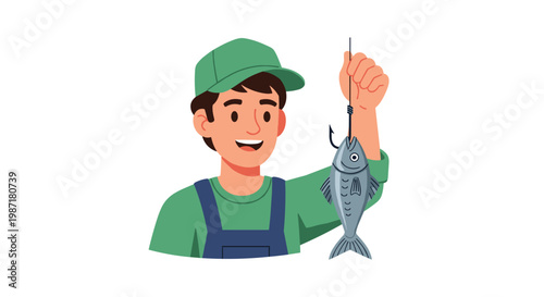 A cheerful fisherman wearing a green cap and blue overalls smiles brightly while holding up a freshly caught silver fish on a hook against white space.