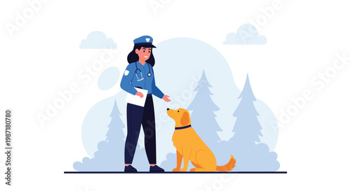 A female police officer wearing a professional blue uniform and a cap stands with a clipboard while interacting with a friendly golden dog in a park.