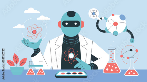 Blue robot scientist in a lab coat holding an atom, interacting with digital chemistry and data