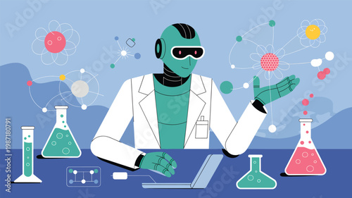 Green robot scientist in a lab coat using a laptop with floating molecular structures and glass beakers