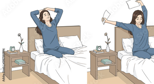 Young woman wearing comfortable blue pajamas stretching arms above head while sitting on white bed in cozy bedroom during calm morning with soft sunlight.