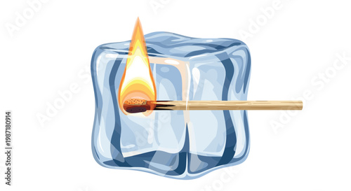 Burning wooden matchstick with bright orange flame partially encased inside large transparent square ice cube against solid white background with cold tone.