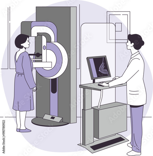 Mammography screening procedure with patient and doctor in a medical clinic