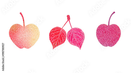 Three stylized, pixelated fruit and foliage designs on a white background, in shades of red and yellow