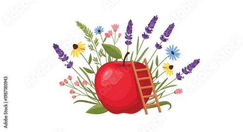 Large juicy red apple surrounded by lavender flowers and wild grasses with small wooden ladder leaning against fruit on clean white background with colors.