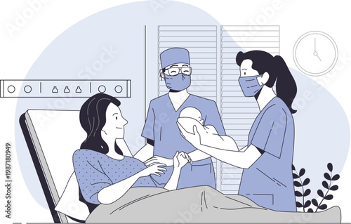 Happy mother holding her newborn baby in the hospital with medical staff