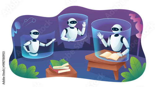 Three white robots interacting inside glowing blue glass cylinders in a dark purple abstract setting