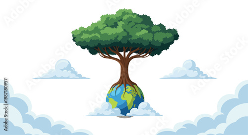 A majestic leafy tree sprouts from a spherical globe of the Earth while resting upon soft, fluffy clouds in a serene, bright blue sky atmosphere now.