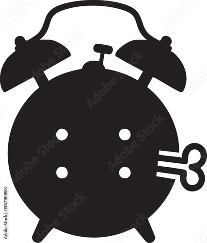 Black alarm clock icon, ringing bell, wake up symbol, time management