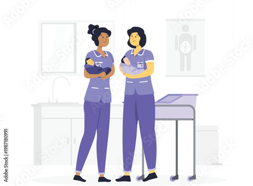 Two nurses holding newborn babies in a hospital maternity ward