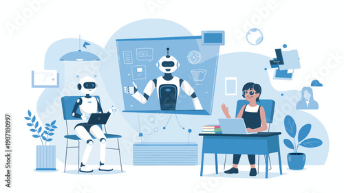 Human and robot interacting with a digital AI interface, blue flat on a white background, laptop computer