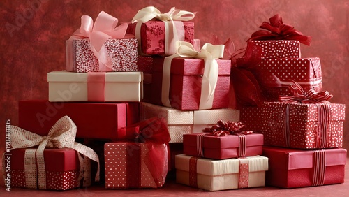 Stack of beautifully wrapped red and pink gift boxes with bows