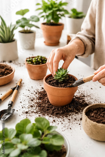 Hands planting succulent in pot with soil and gardening tools, indoor gardening concept, natural light, minimalist home setting, hobby and lifestyle theme.