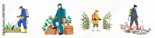 Set of illustrations featuring workers in protective suits using backpack sprayers to apply pesticides or fertilizers to various plants and crops.