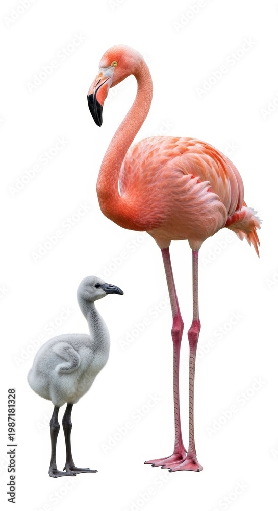 Obraz premium Adult Flamingo and Young Flamingo Chick Realistic Illustration