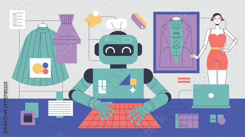 Teal robot designing fashion clothing with a digital mannequin and a laptop on a blue desk surface