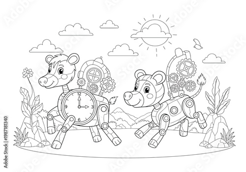 Coloring page for children featuring two cute mechanical robot animals, a clockwork horse and a small robotic bear, in a whimsical landscape with mountains, sun, and clouds