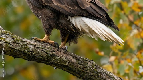 Majestic Eagle Perched on a Gnarled Tree Branch in Autumn Forest.