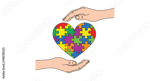 Supportive hands protect a vibrant heart constructed from multi-colored puzzle pieces against a clean white background with soft professional lighting.