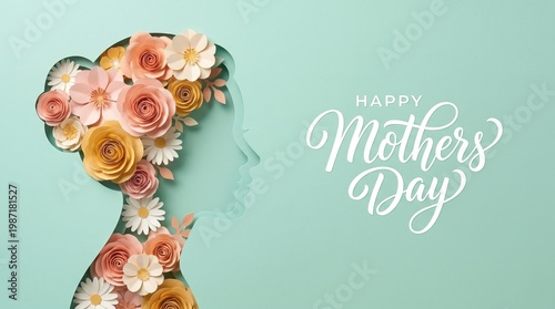 Happy Mother's Day greeting card design with paper cut silhouette of a woman's profile and colorful floral arrangement, elegant paper craft flowers on a soft teal background for holiday celebration.