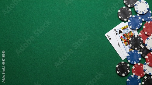 Top down view of Ace of Spades and King of Spades playing cards with a pile of colorful poker chips on a green felt casino table, gambling concept with large copy space for text.