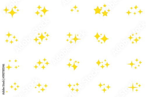 Sparkle star vector icons set. Star icons vector set. Shine or sparkle vector set of ten various stars in yellow color on white background. Vector illustration.