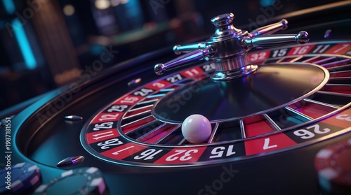Close up of a spinning casino roulette wheel with white ball landing on red and black numbers, luxury gambling equipment in a blurred casino interior with vibrant bokeh lights and atmosphere.